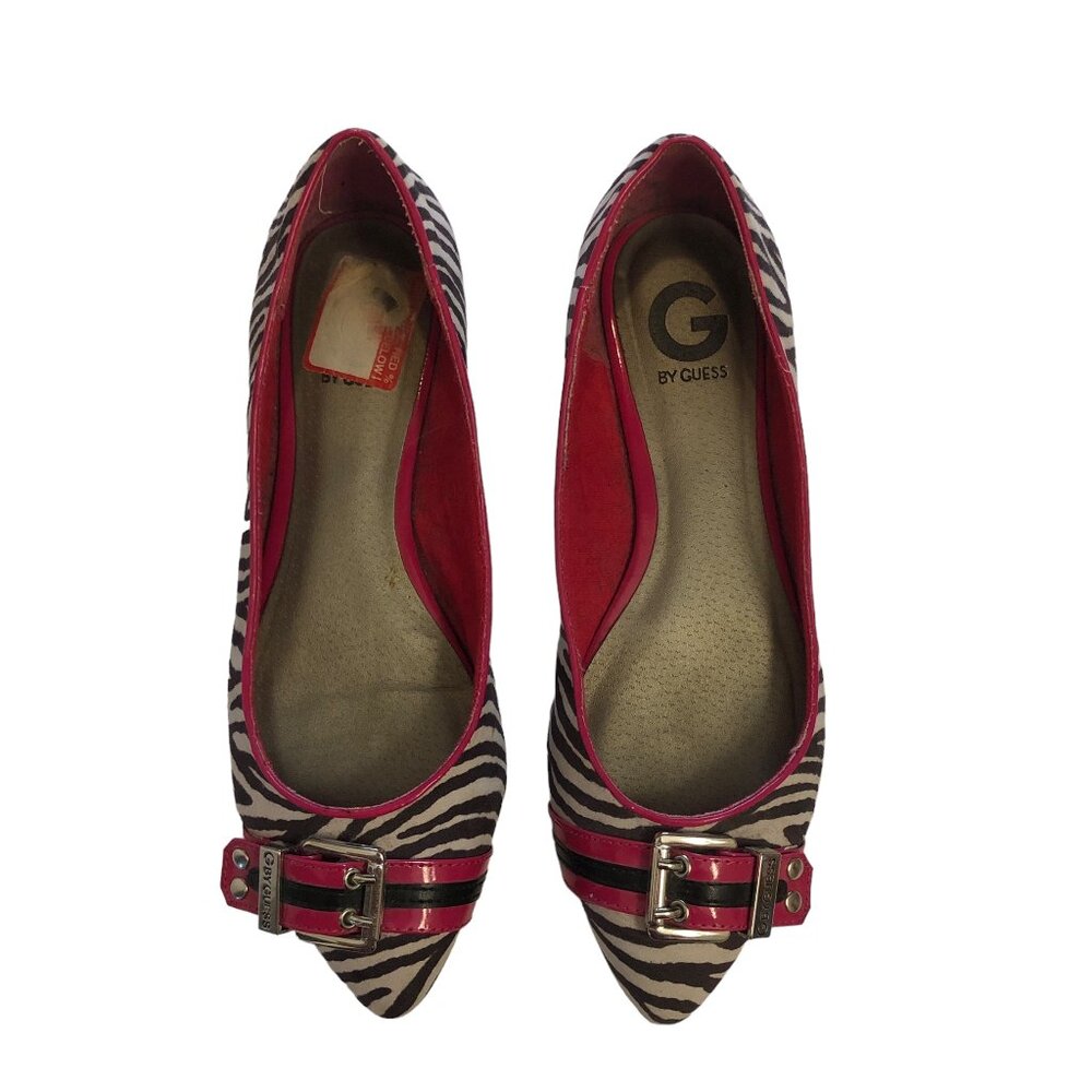 G By Guess Black, White, and Pink Zebra Print Flats 9.5